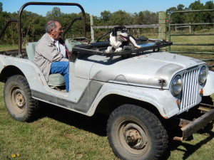 Dad in my brother Gene's Jeep with Mr. Peabody